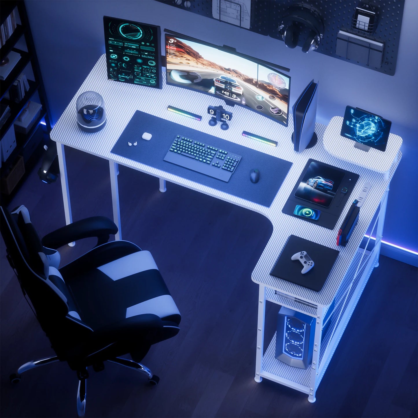L-Shape Gaming Desk with Drawers