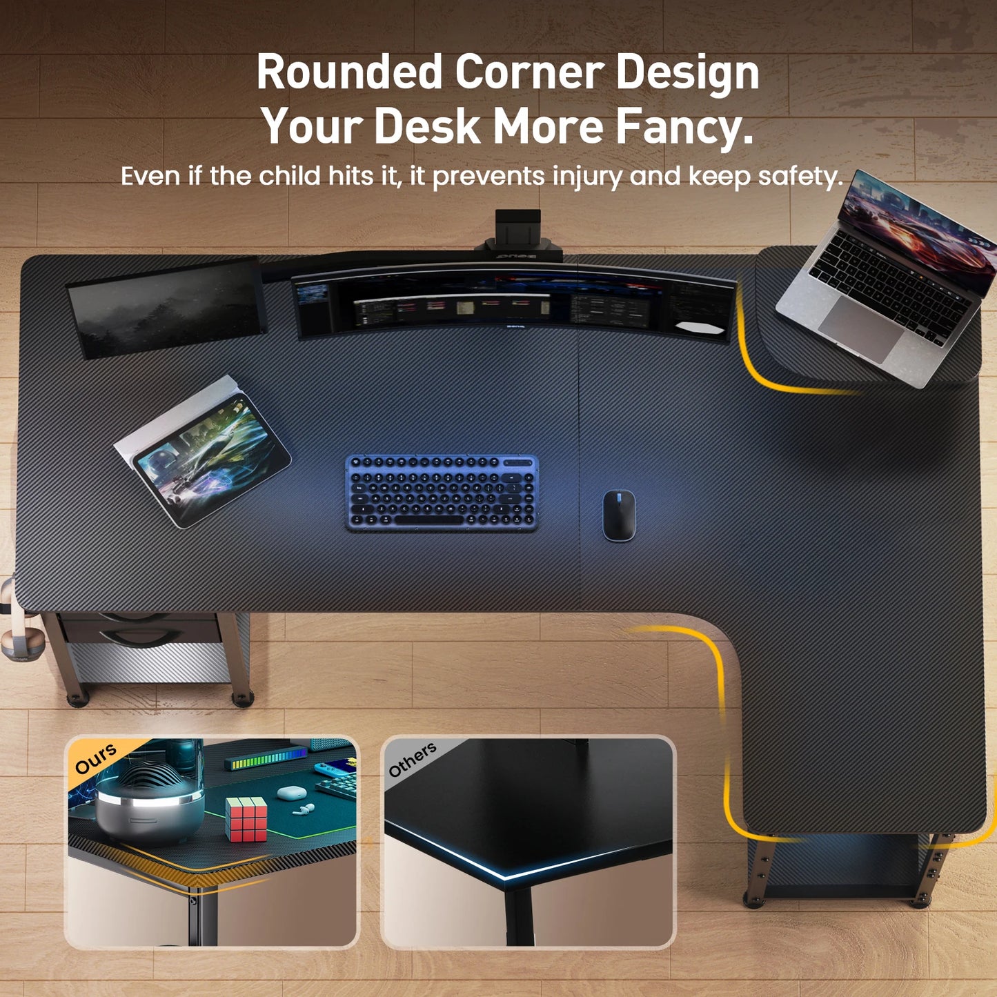 L-Shape Gaming Desk with Drawers