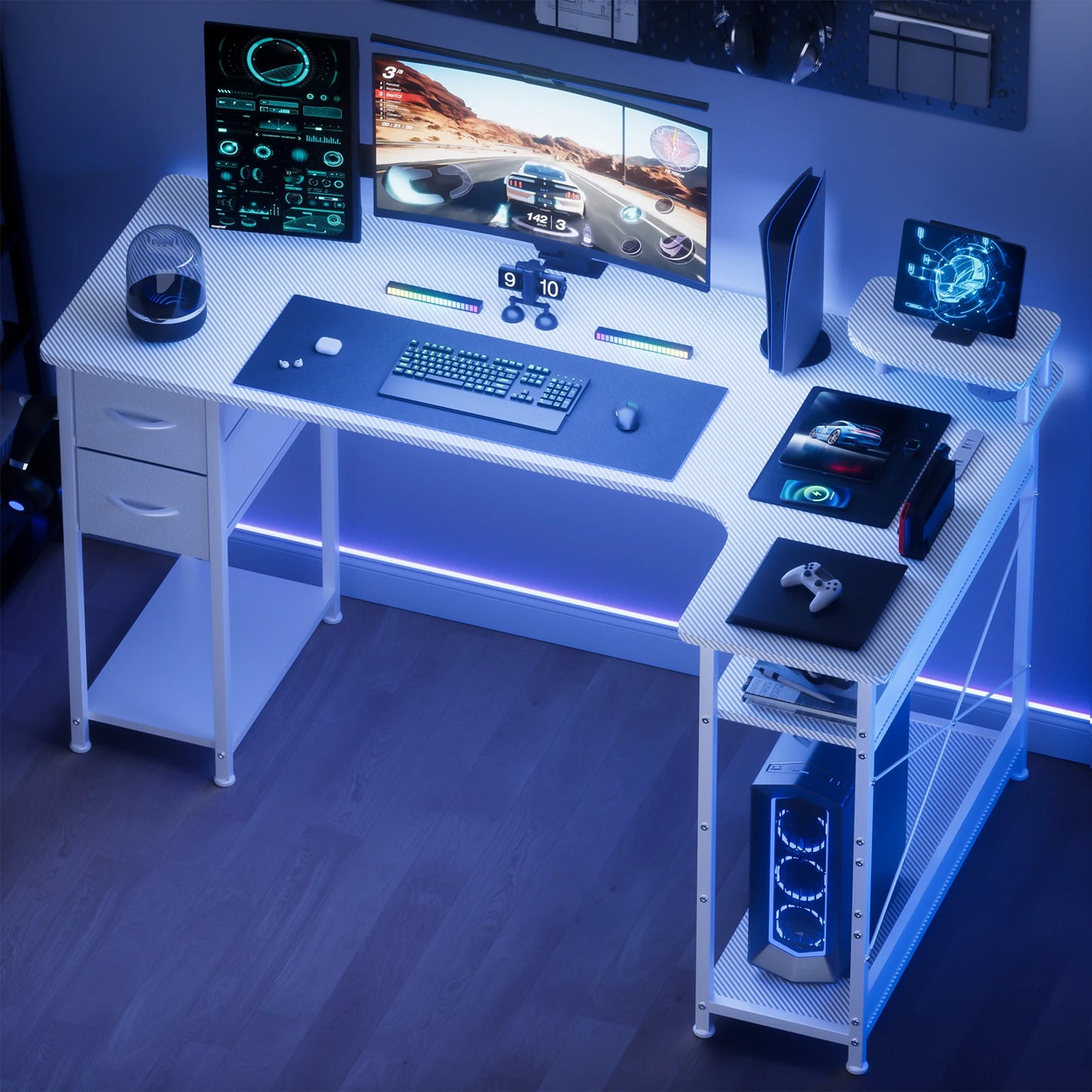 L-Shape Gaming Desk with Drawers
