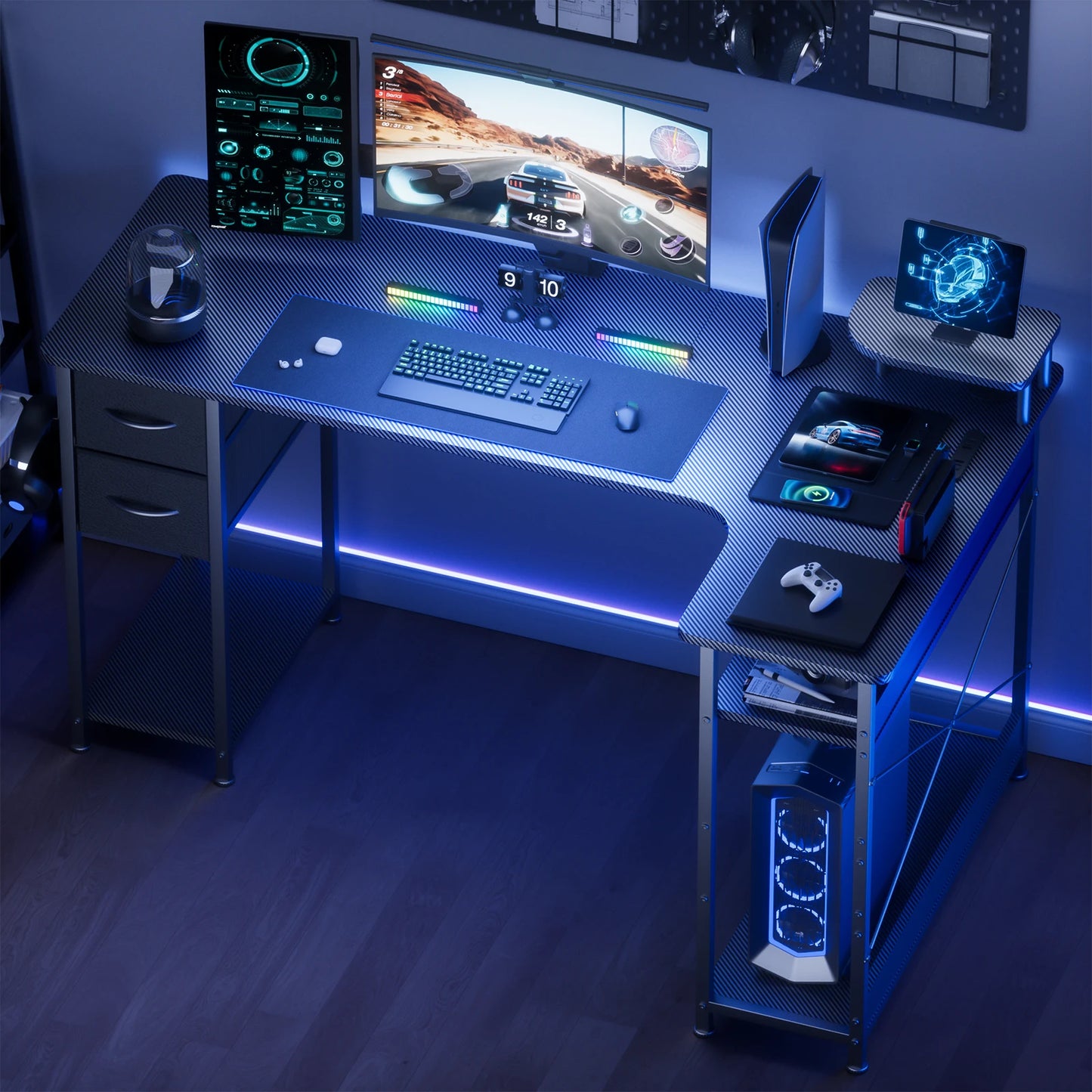 L-Shape Gaming Desk with Drawers