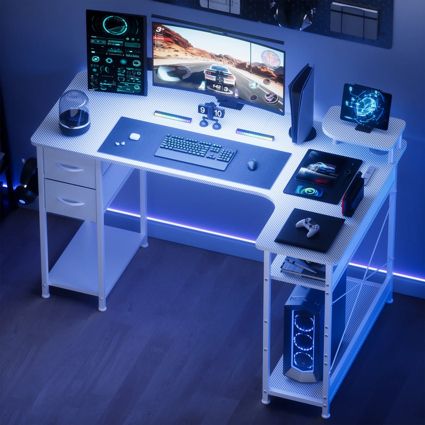 L-Shape Gaming Desk with Drawers