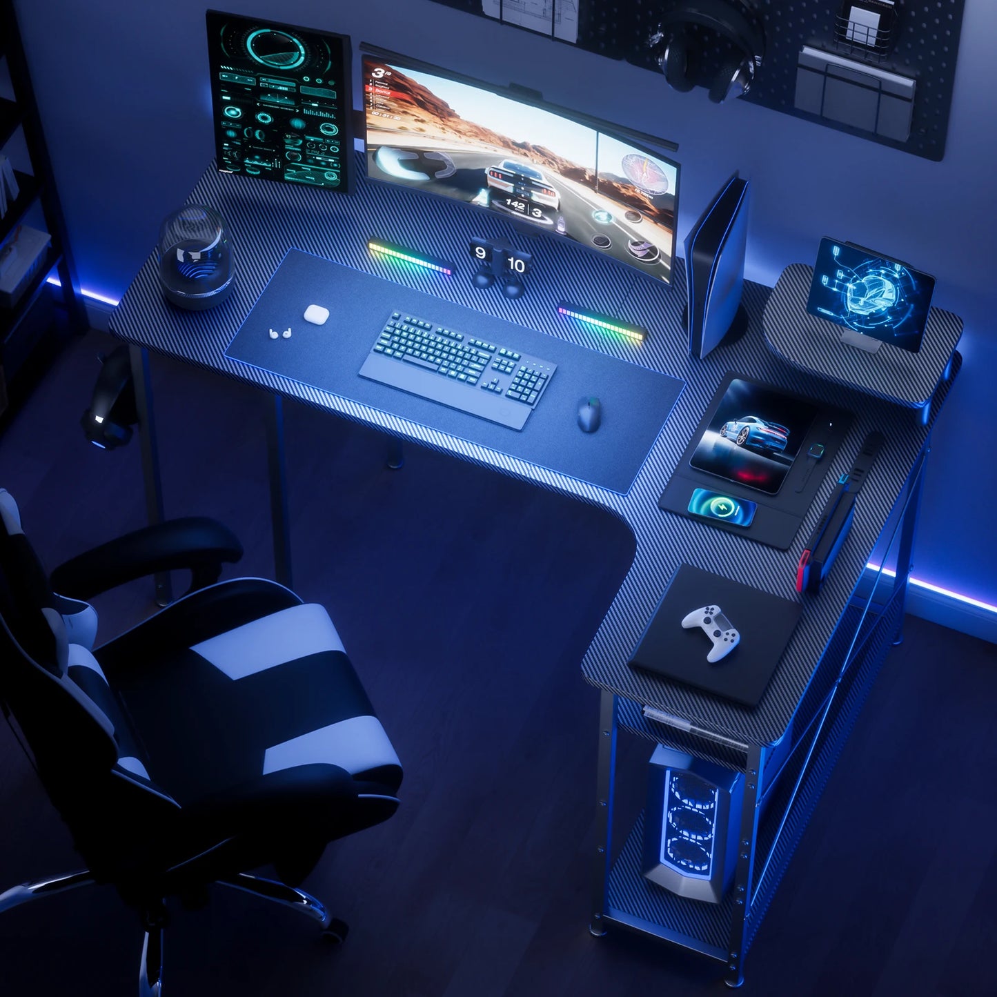 L-Shape Gaming Desk with Drawers