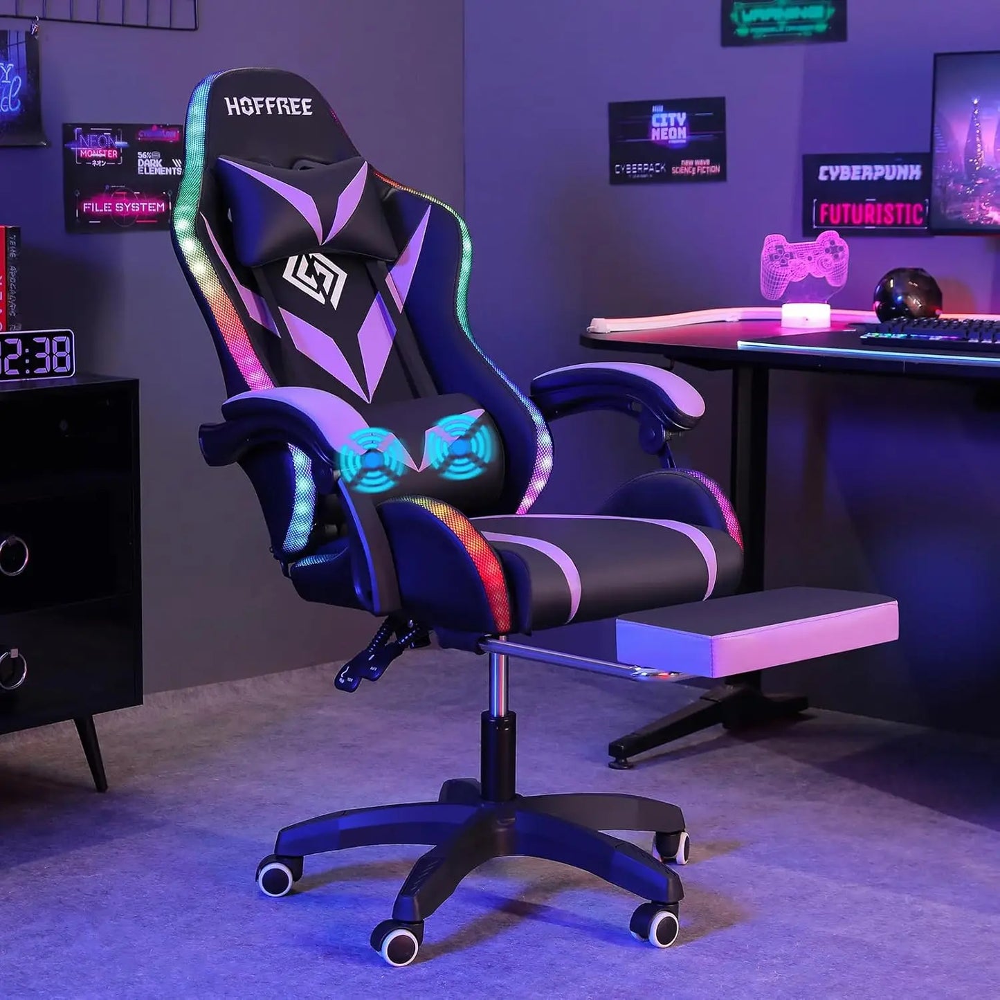 Gaming Chair with Massage and LED Lights