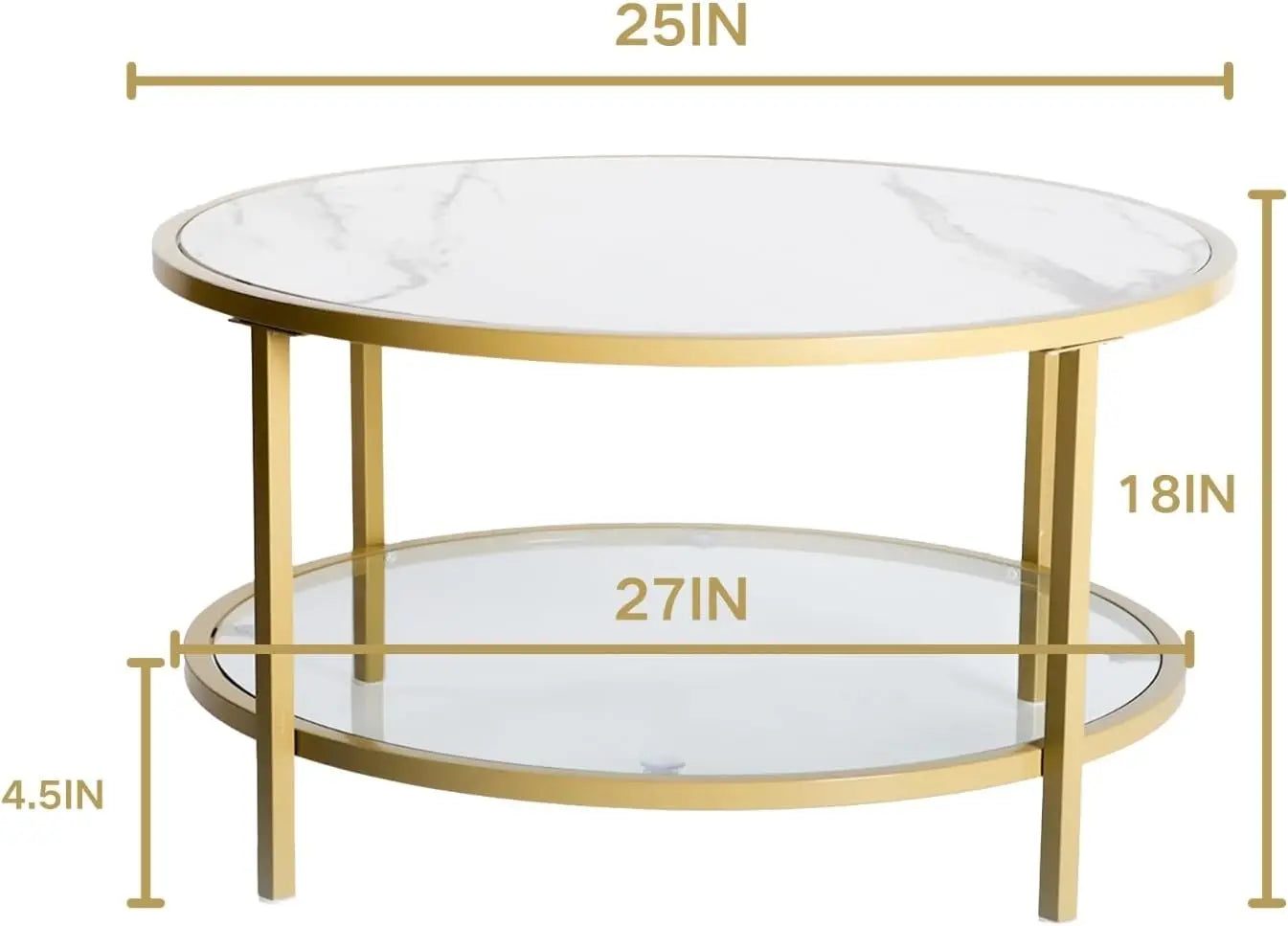 Small Round Coffee Table with Faux Marble Top and Glass Storage Shelf