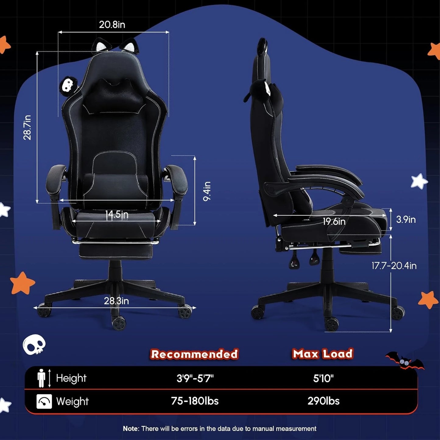 Gaming Chair Cute with Cat Ears and Massage Lumbar Support