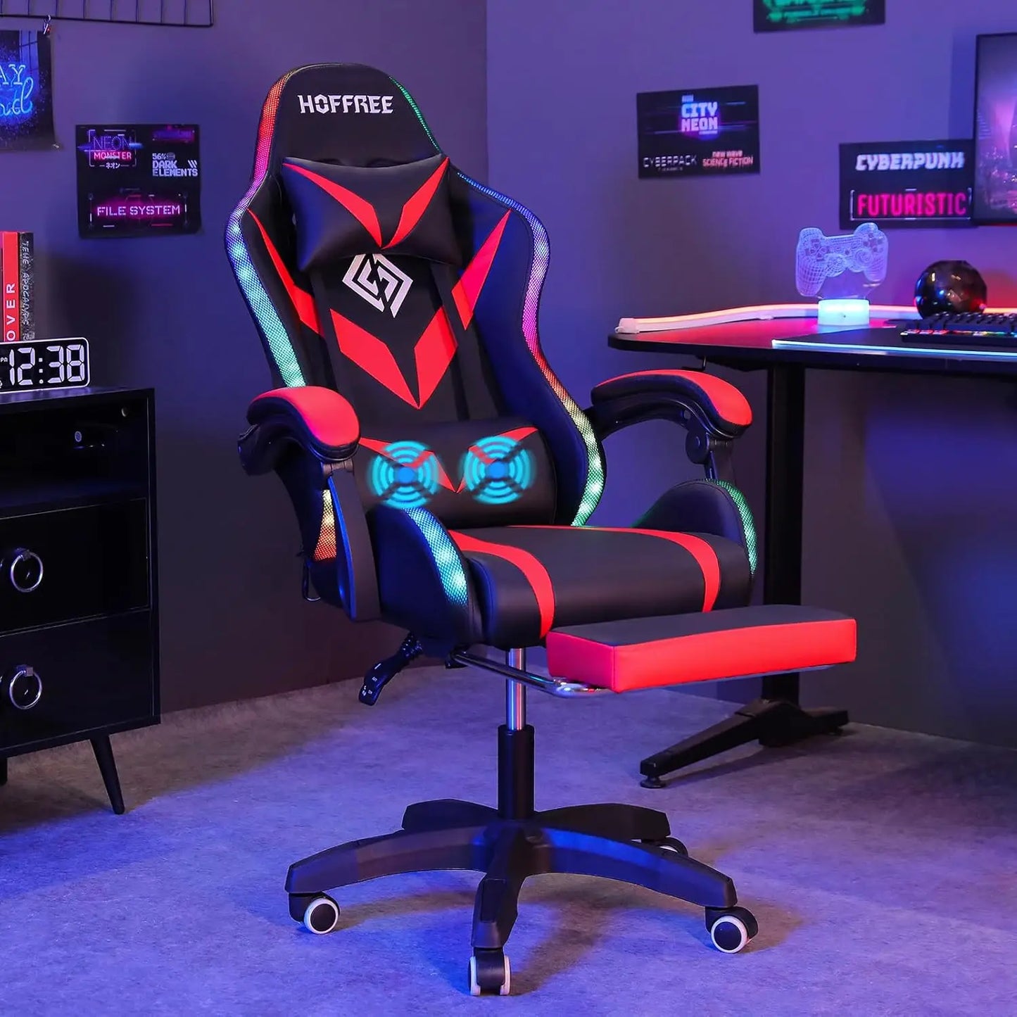Gaming Chair with Massage and LED Lights