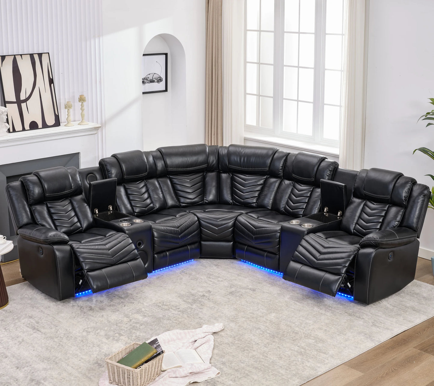 Electric Power Recliner Sectional Sofa With Bass Speakers & LED Lights