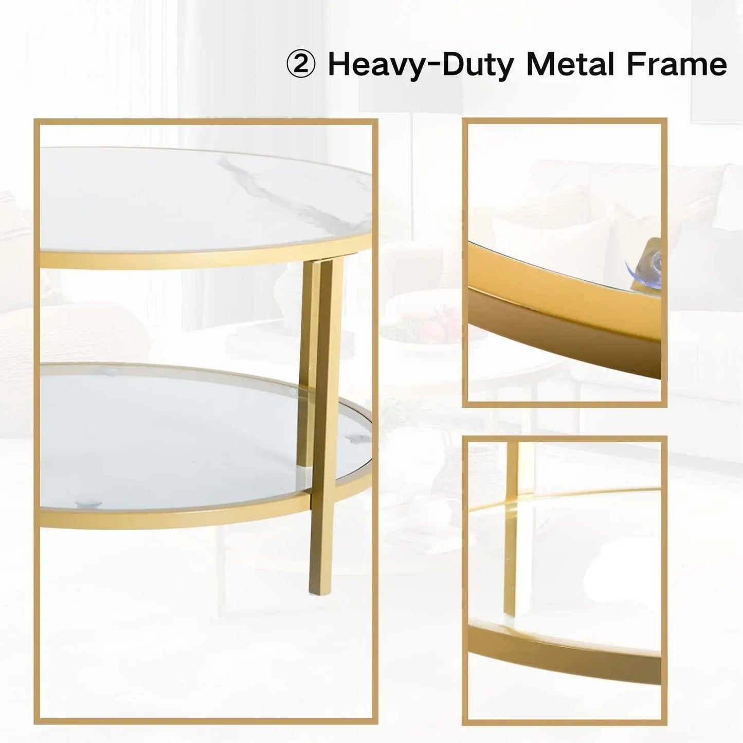 Small Round Coffee Table with Faux Marble Top and Glass Storage Shelf