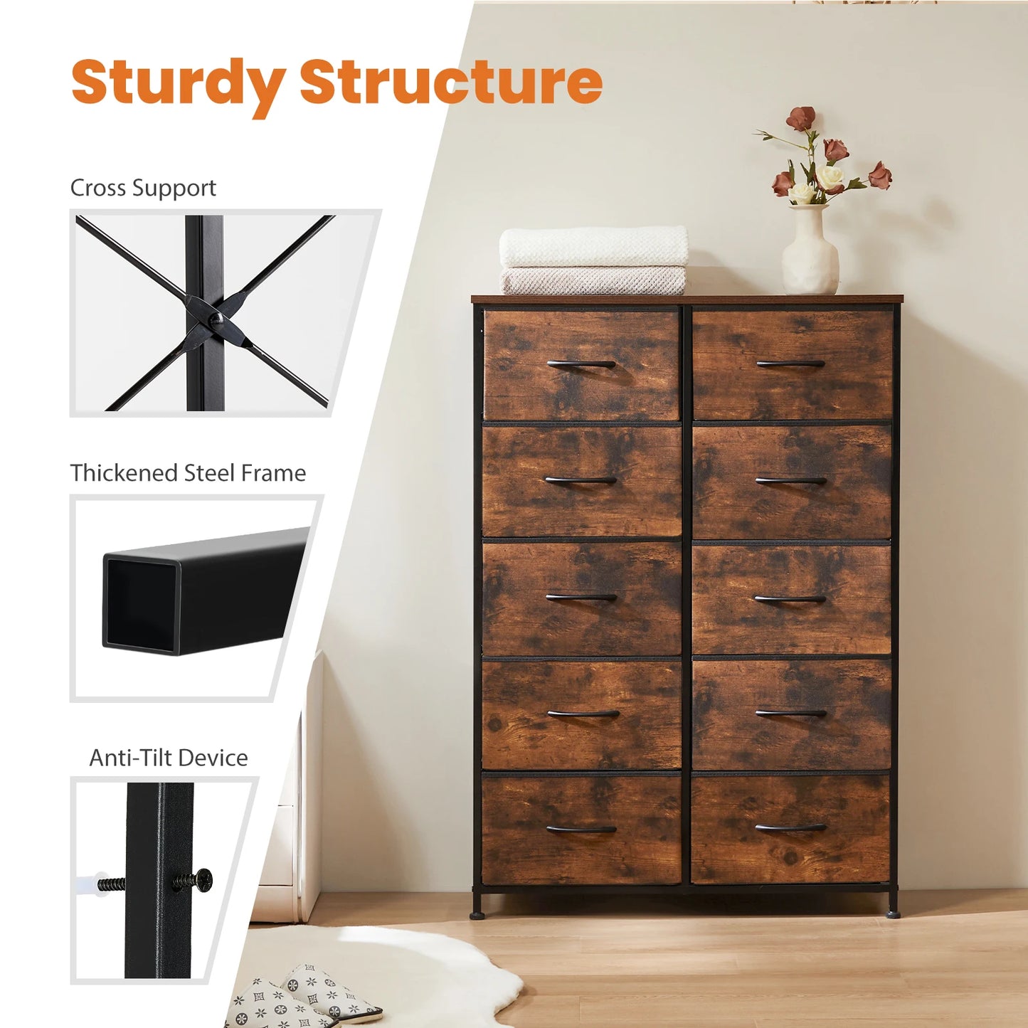 10 Fabric Drawers Wardrobe Steel Frame Closet