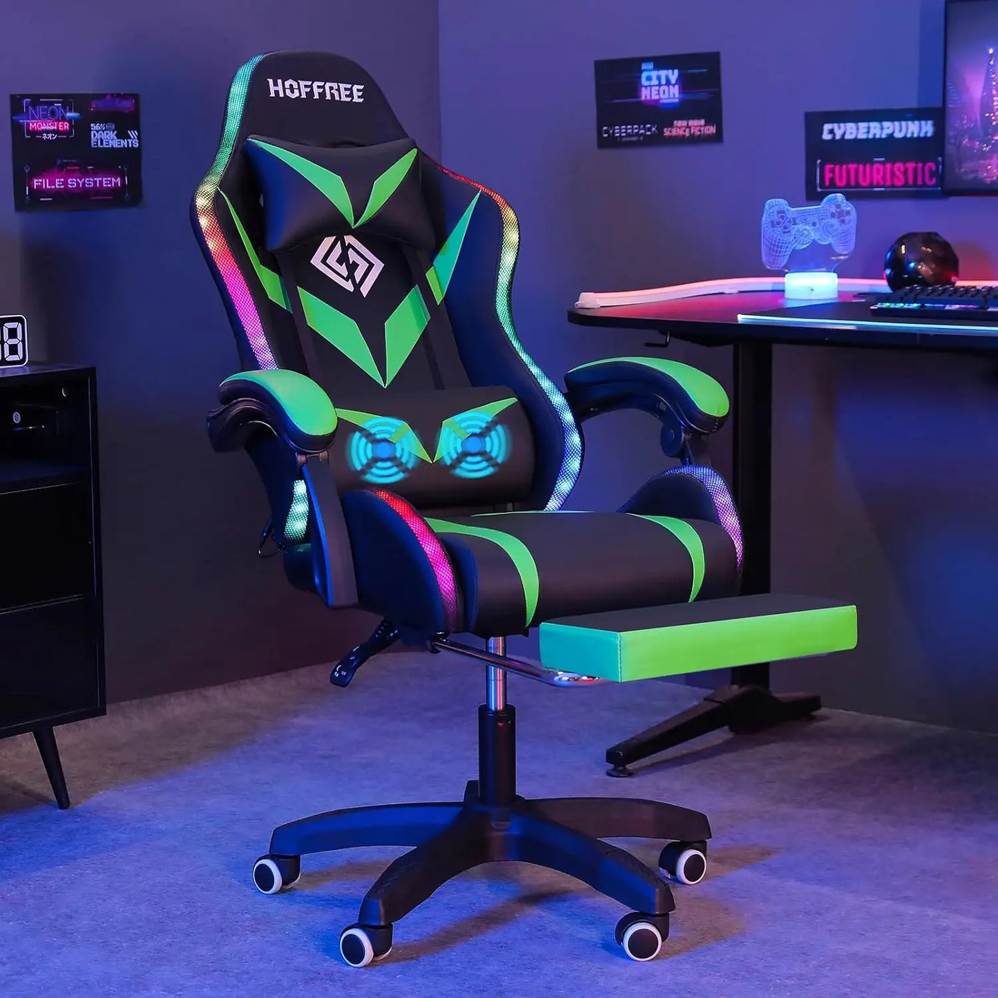 Gaming Chair with Massage and LED Lights
