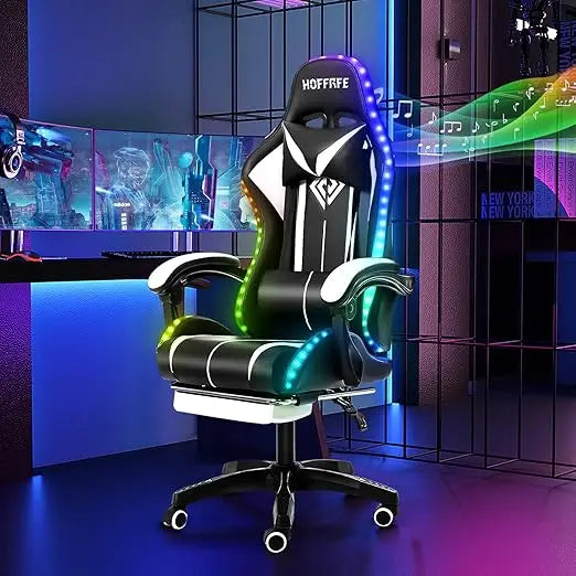 Massage Computer Gaming Chair with LED Lights and Footrest