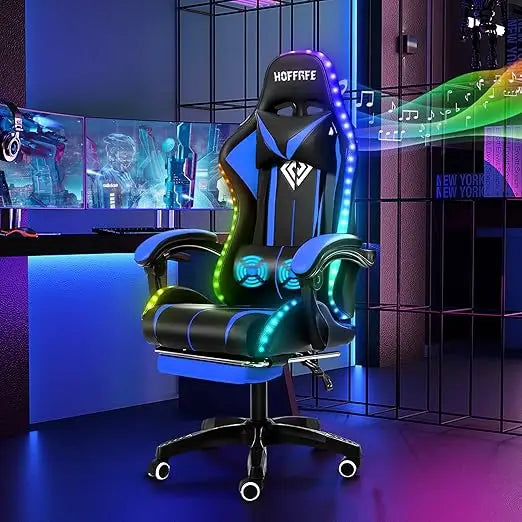 Massage Computer Gaming Chair with LED Lights and Footrest