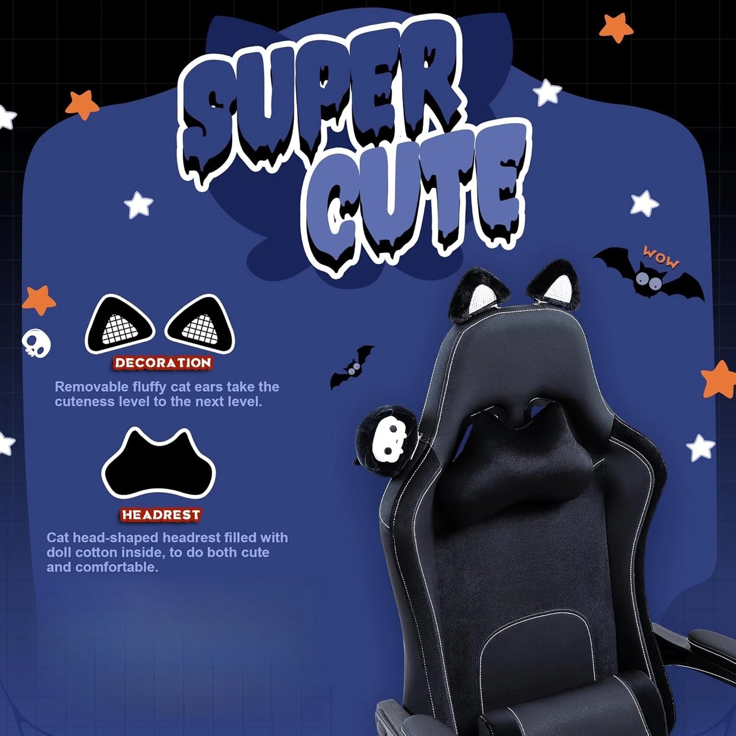 Gaming Chair Cute with Cat Ears and Massage Lumbar Support