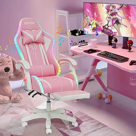 Massage Computer Gaming Chair with LED Lights and Footrest