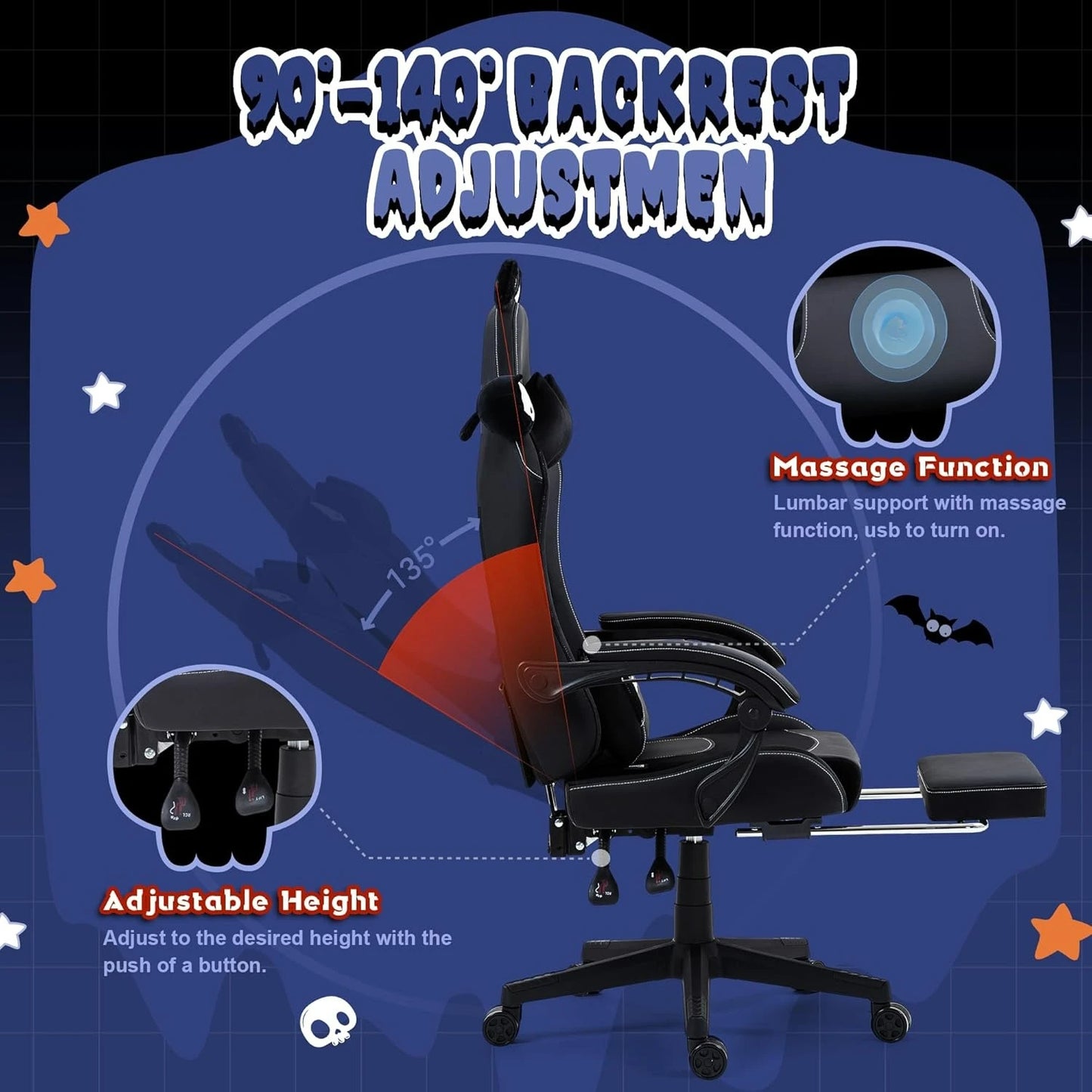 Gaming Chair Cute with Cat Ears and Massage Lumbar Support