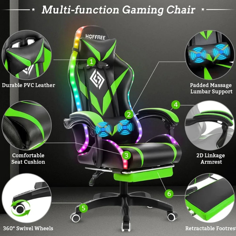Gaming Chair with Massage and LED Lights