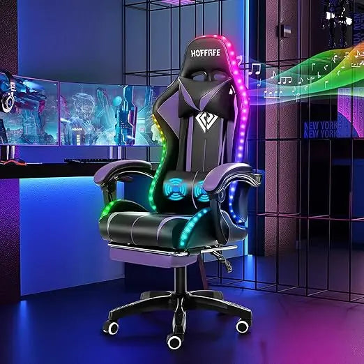 Massage Computer Gaming Chair with LED Lights and Footrest