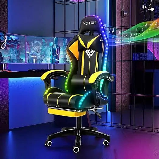 Massage Computer Gaming Chair with LED Lights and Footrest