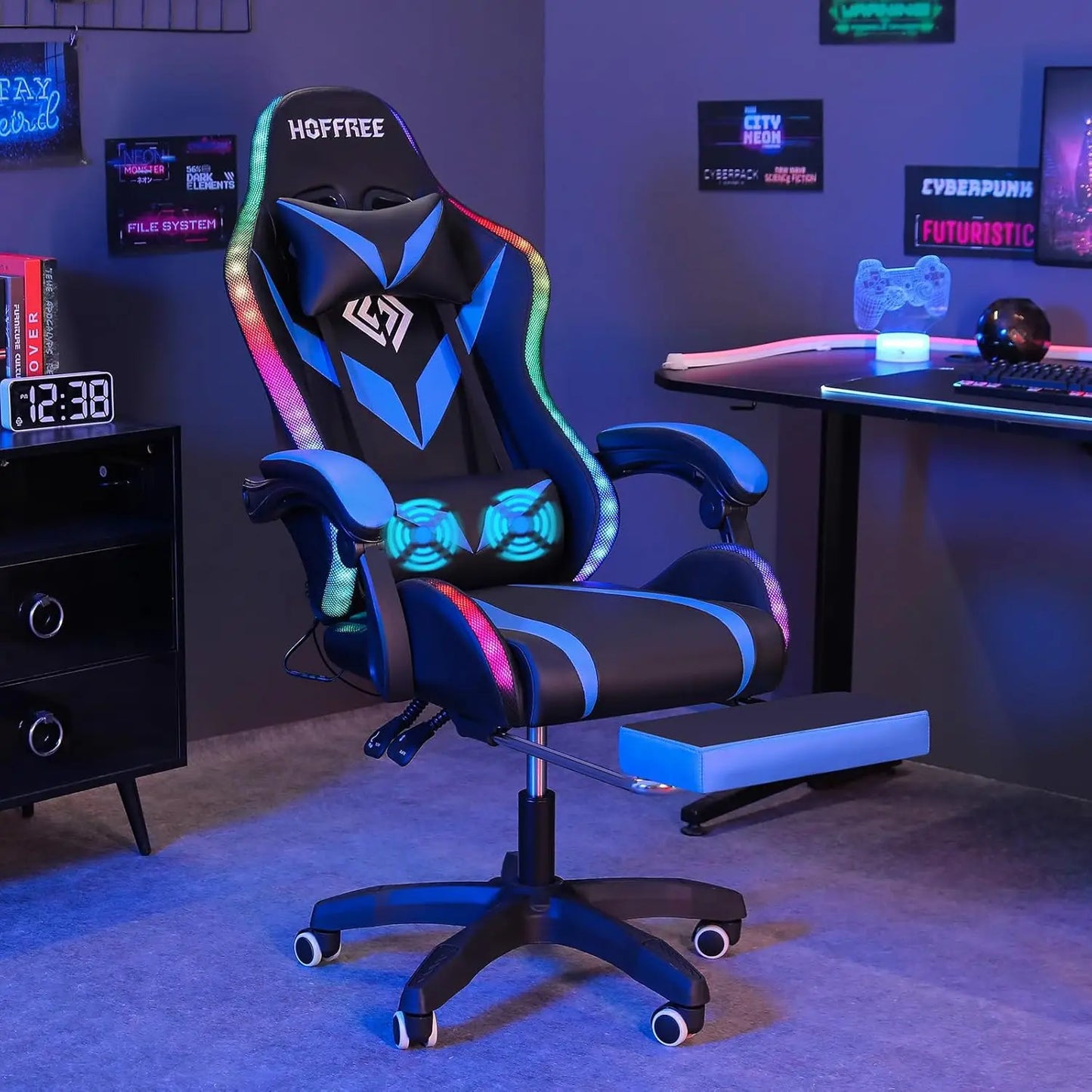 Gaming Chair with Massage and LED Lights