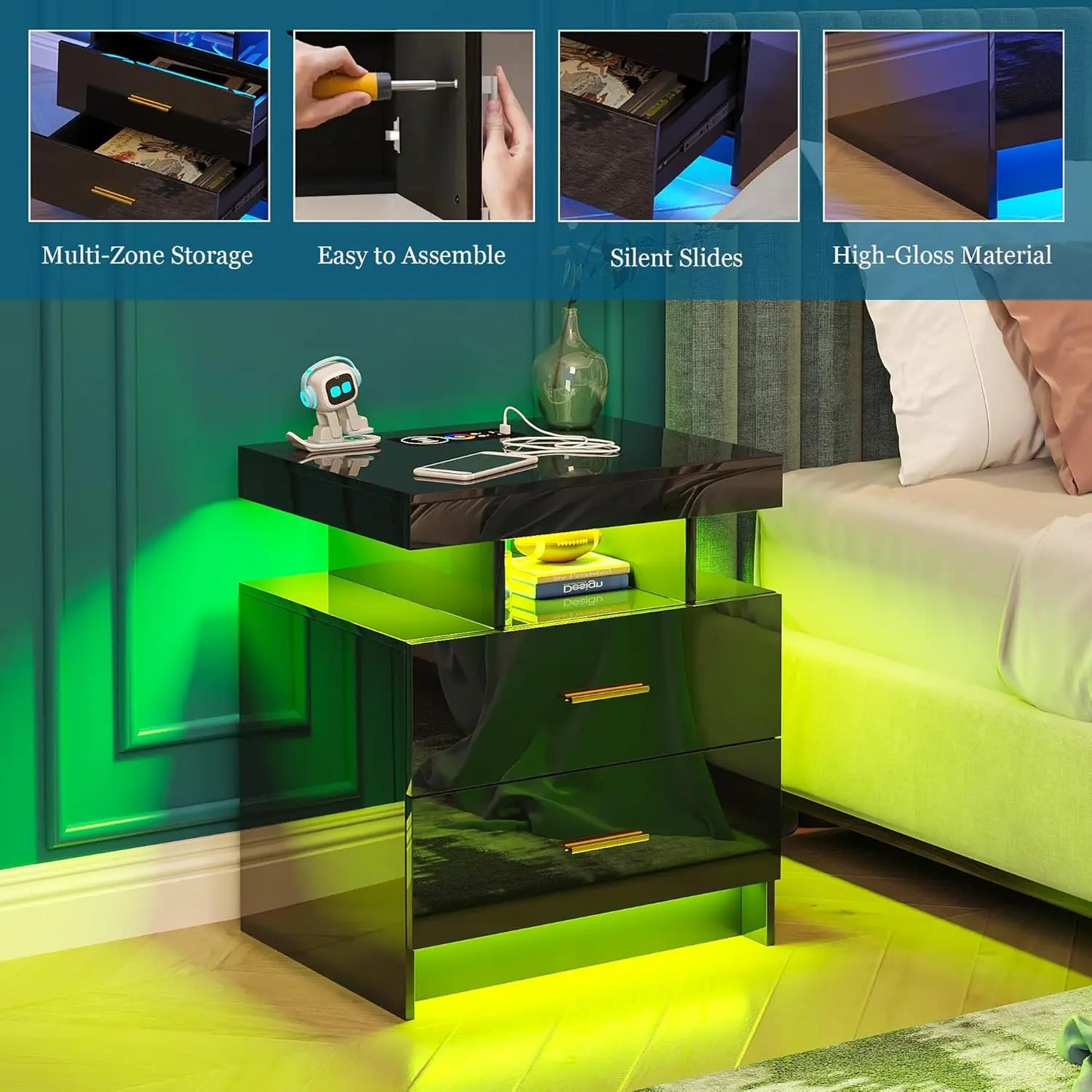 Nightstand with RGB Auto LED Lights