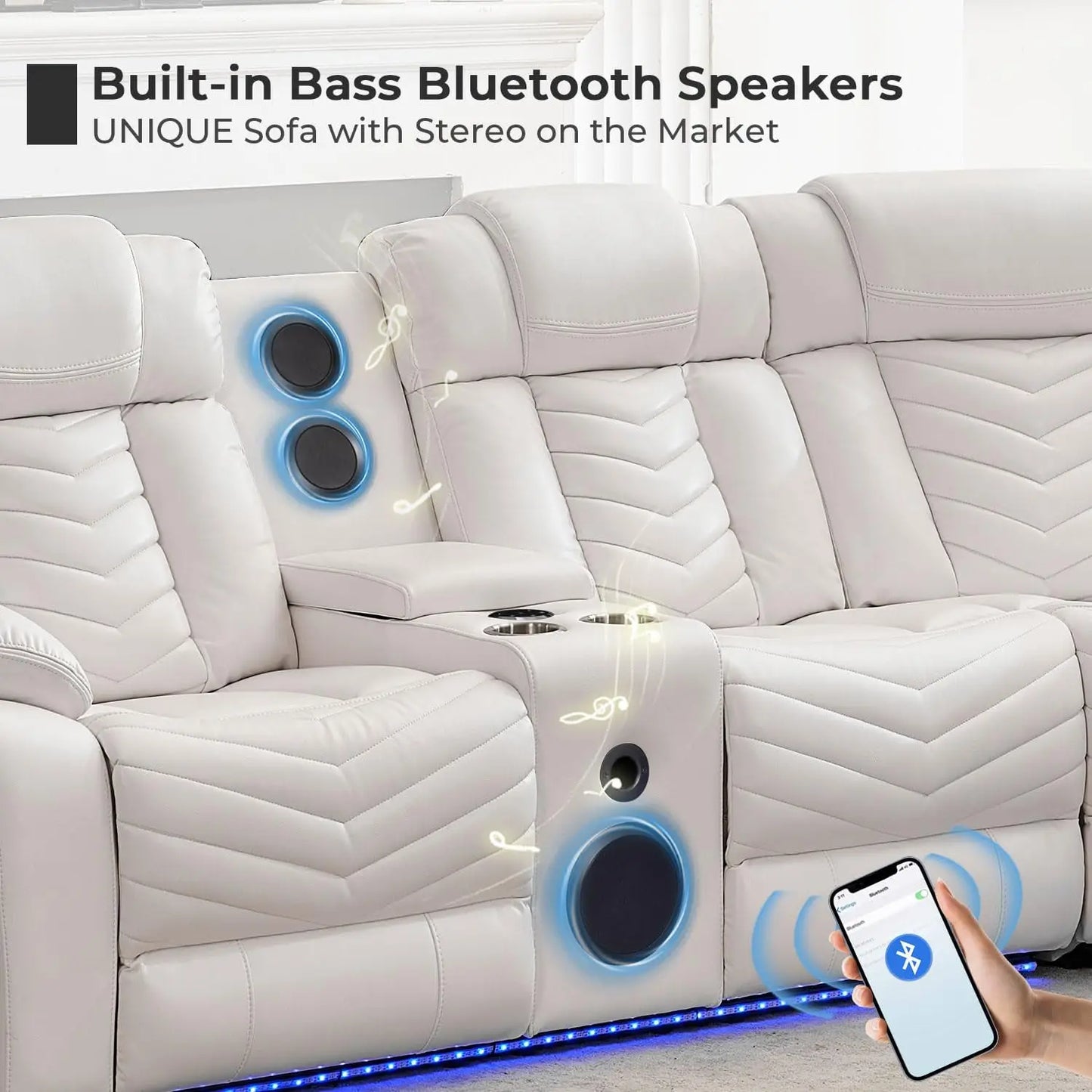 Electric Power Recliner Sectional Sofa With Bass Speakers & LED Lights