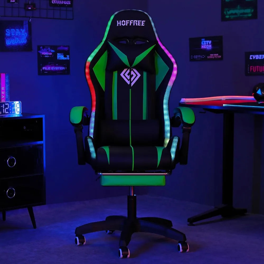 Massage Computer Gaming Chair with LED Lights and Footrest