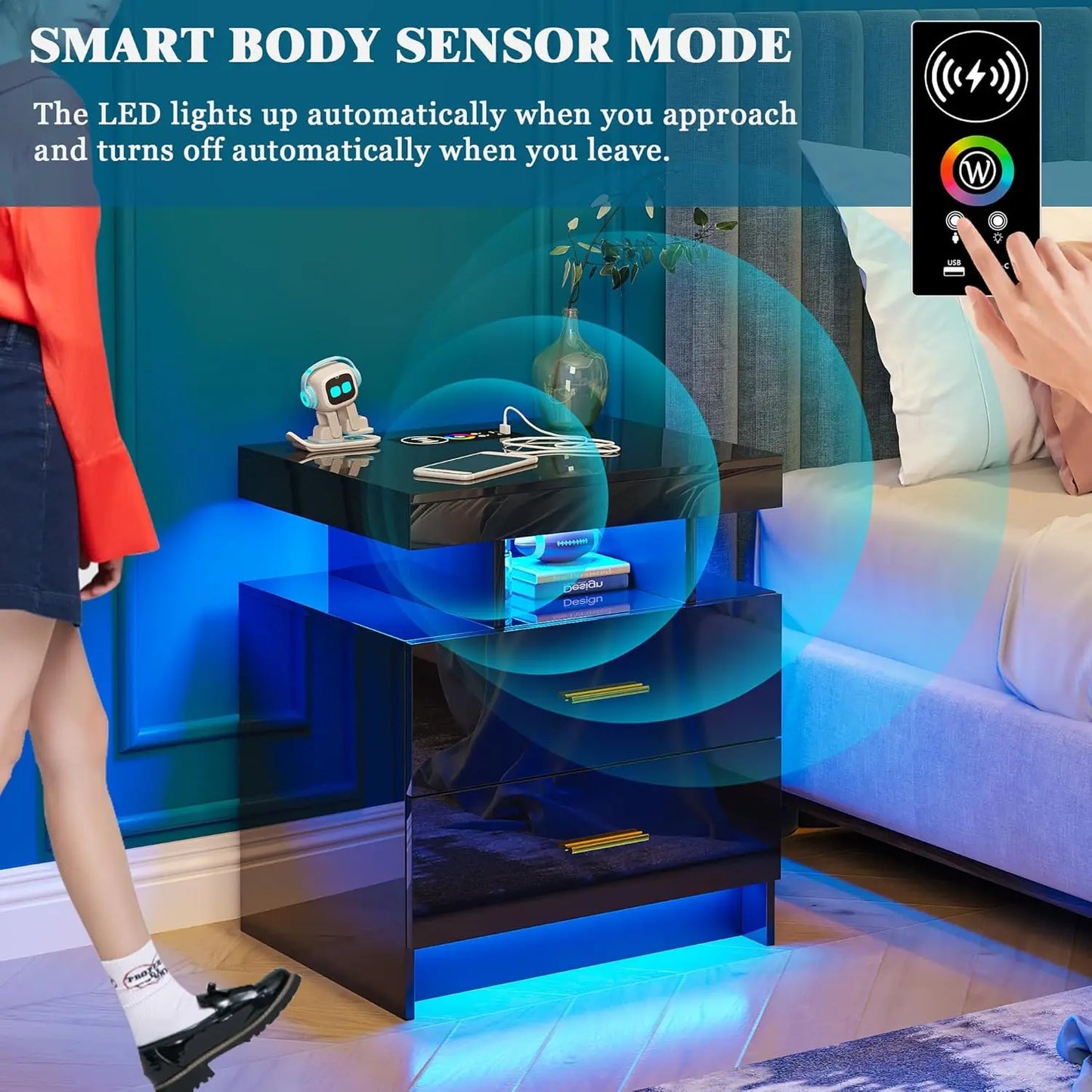 Nightstand with RGB Auto LED Lights