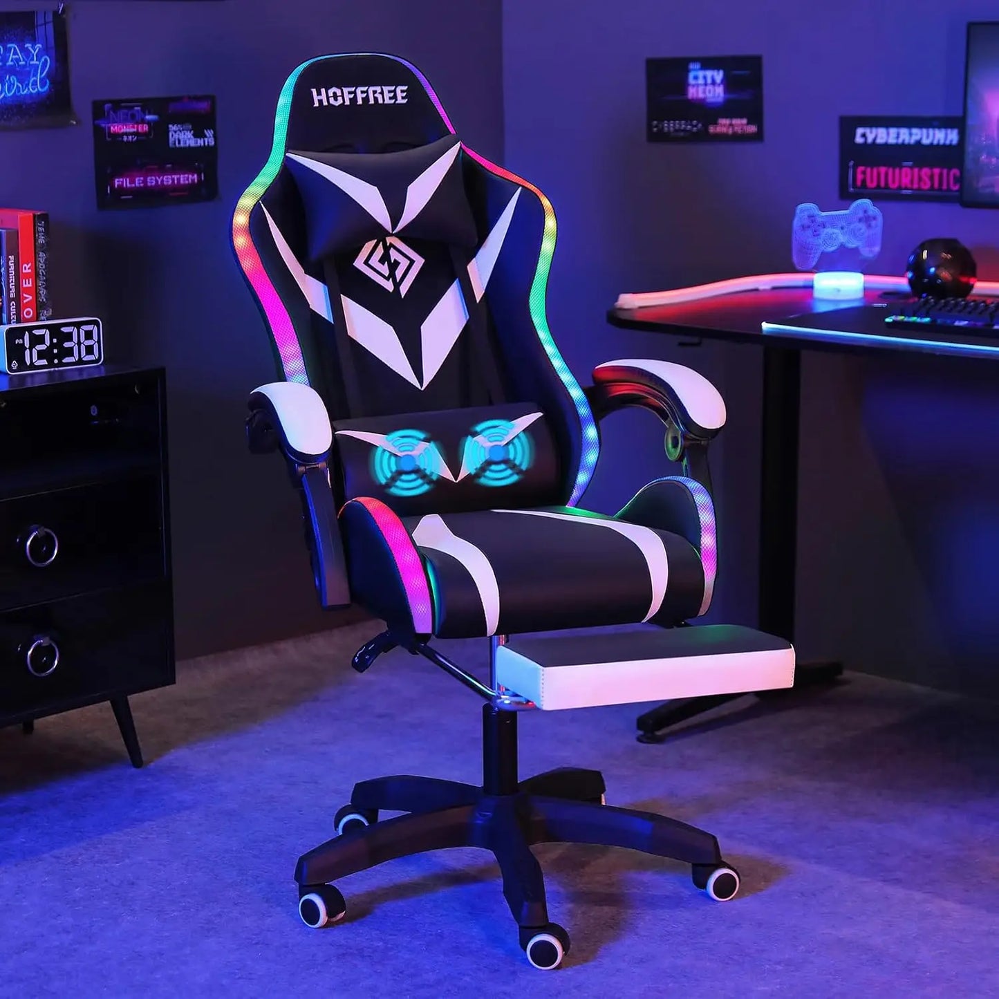 Gaming Chair with Massage and LED Lights