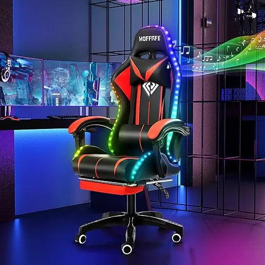 Massage Computer Gaming Chair with LED Lights and Footrest