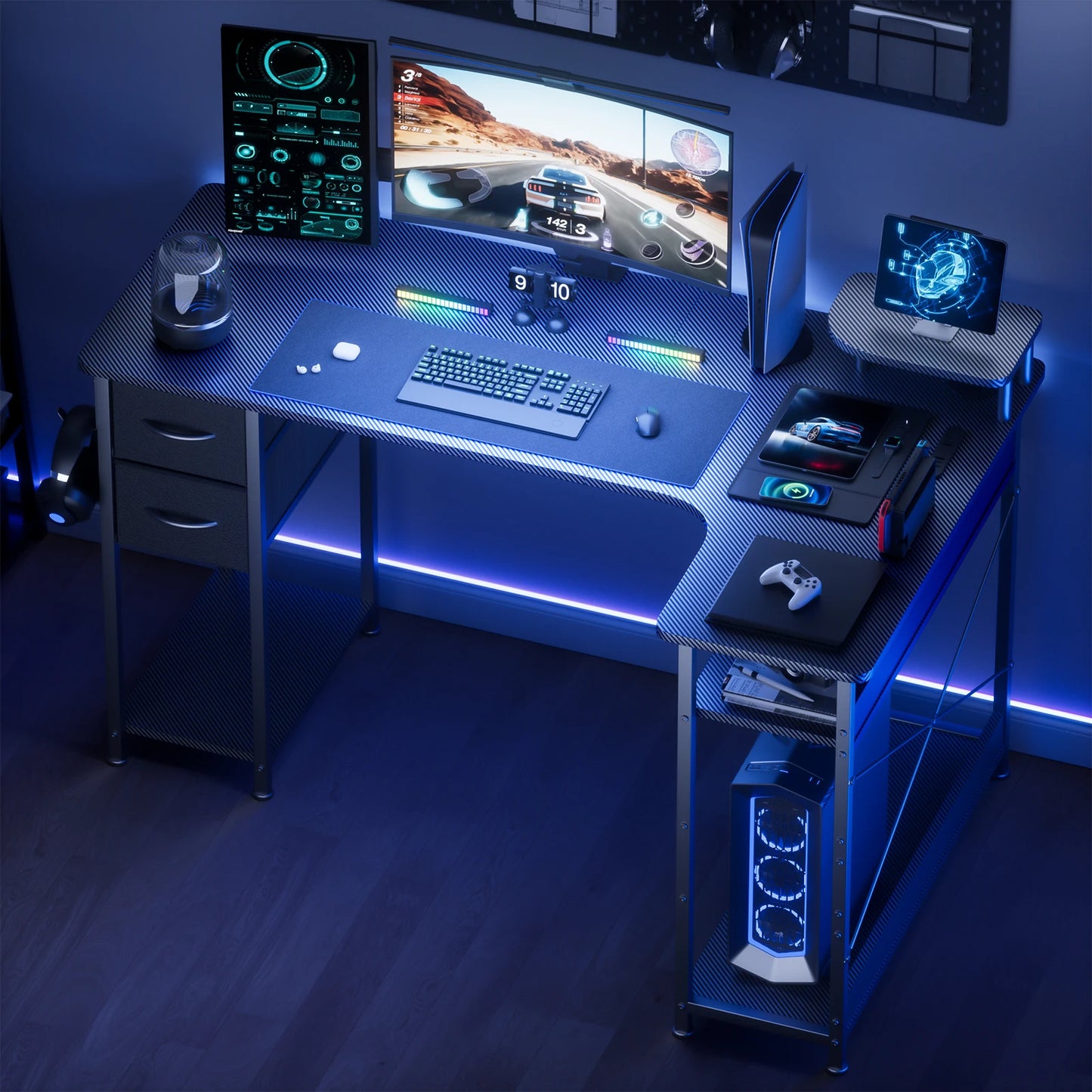 L-Shape Gaming Desk with Drawers