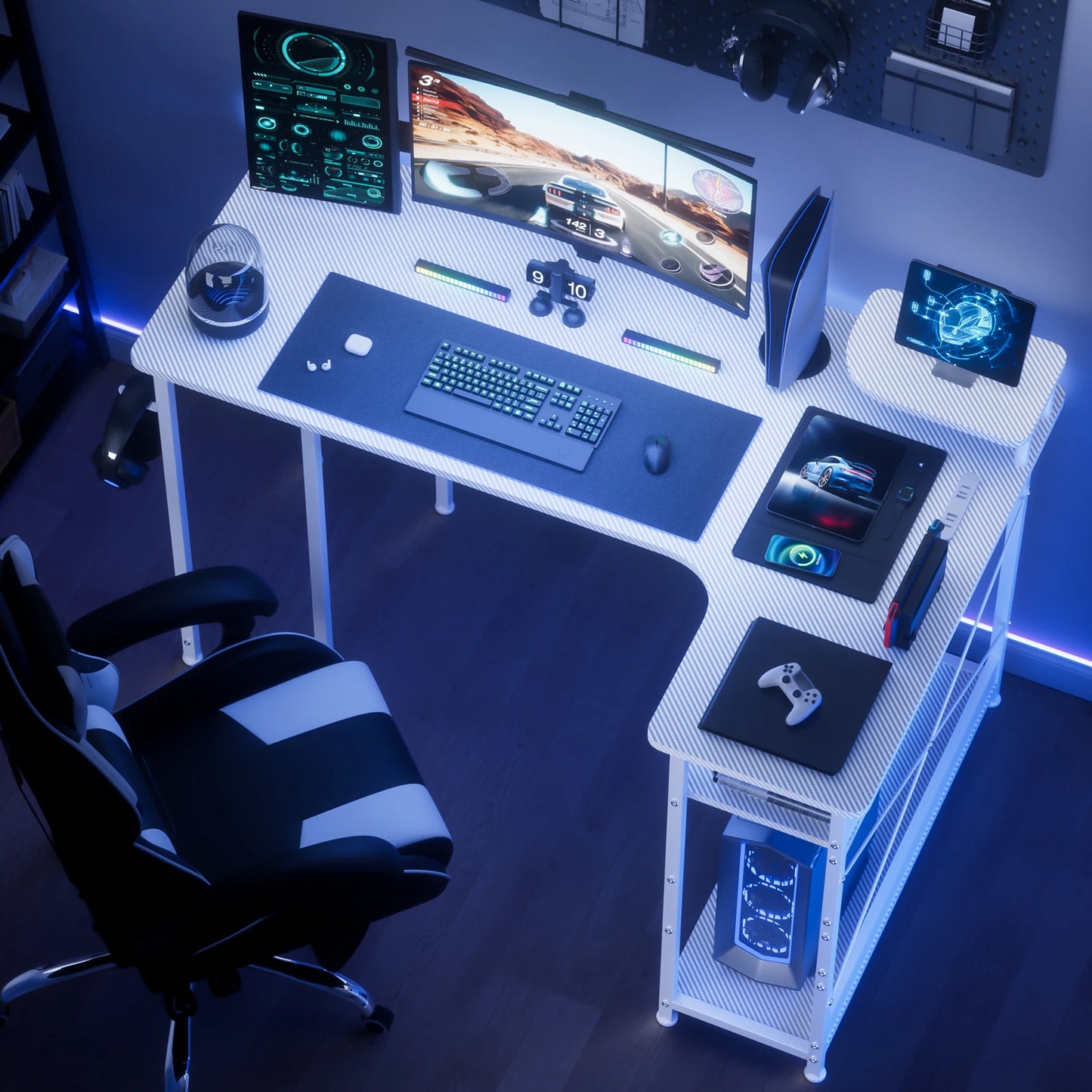 L-Shape Gaming Desk with Drawers