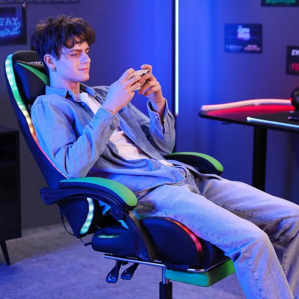 Massage Computer Gaming Chair with LED Lights and Footrest