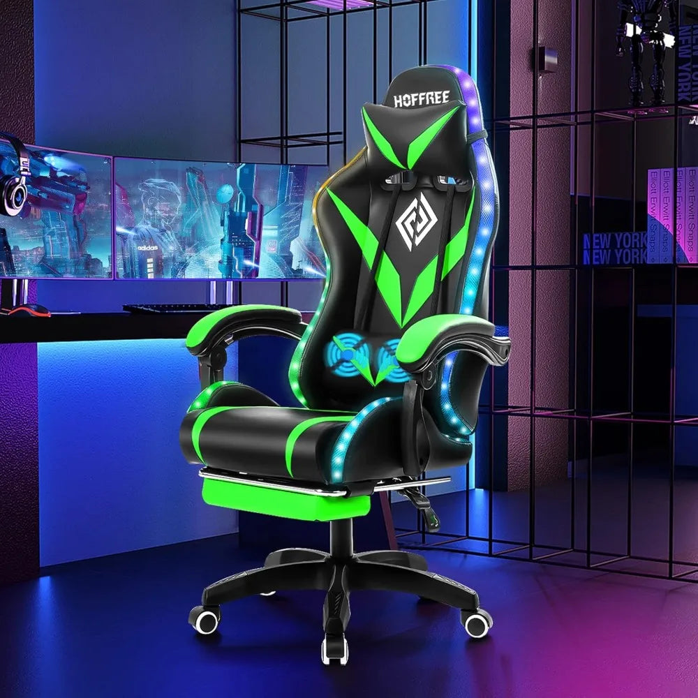 Gaming Chair with Massage and LED Lights