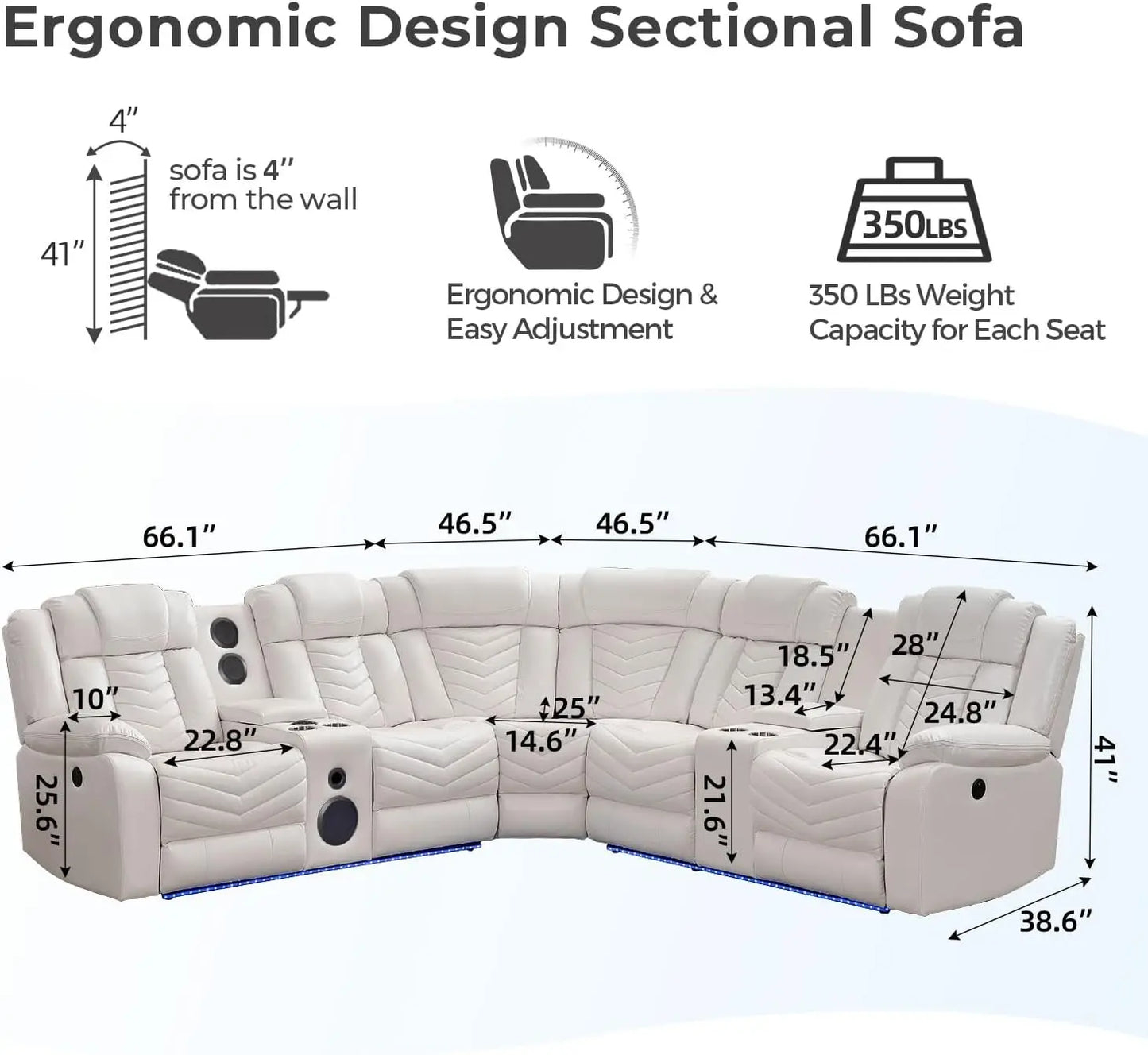 Electric Power Recliner Sectional Sofa With Bass Speakers & LED Lights