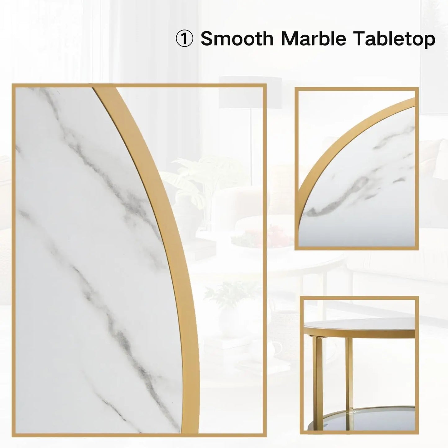 Small Round Coffee Table with Faux Marble Top and Glass Storage Shelf