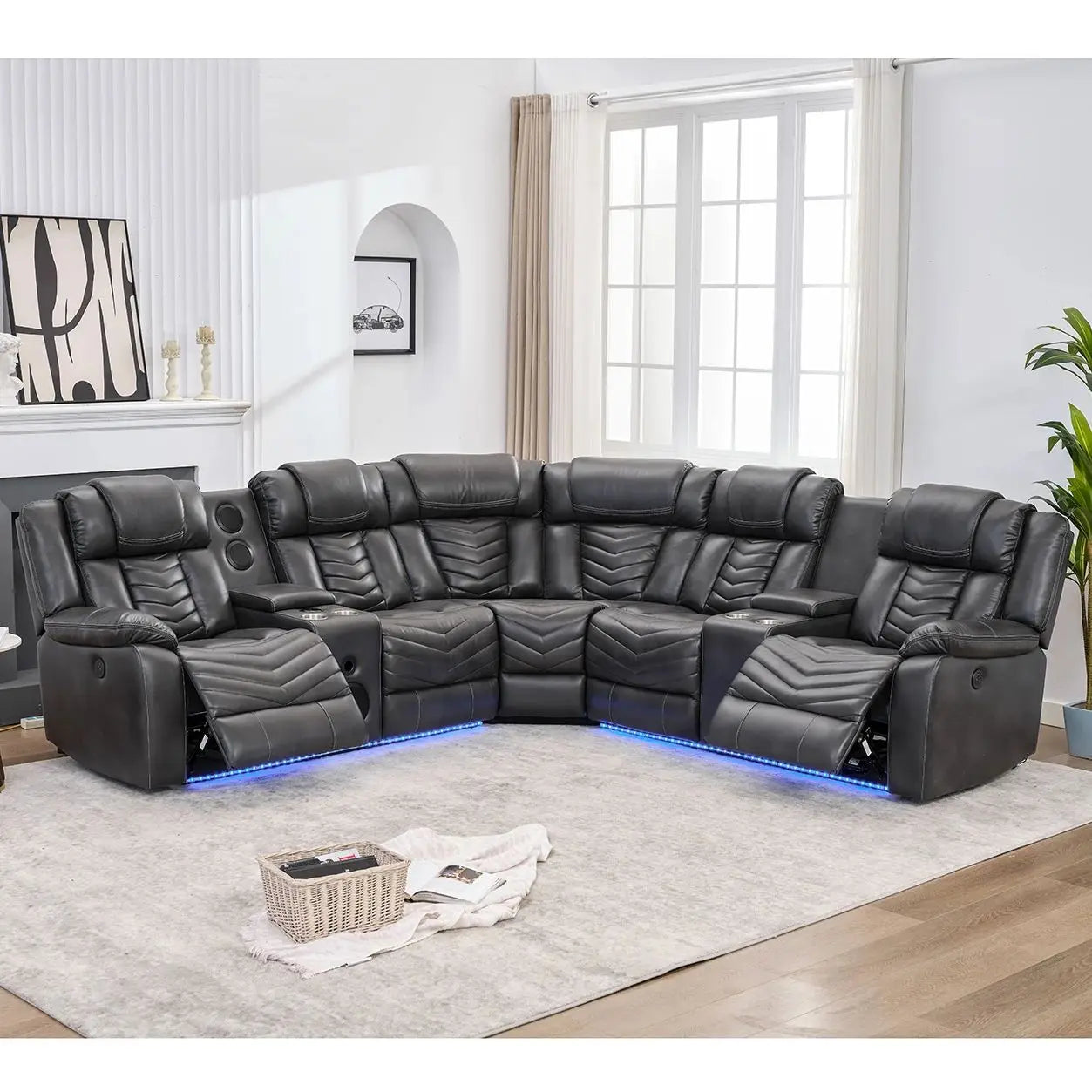 Electric Power Recliner Sectional Sofa With Bass Speakers & LED Lights