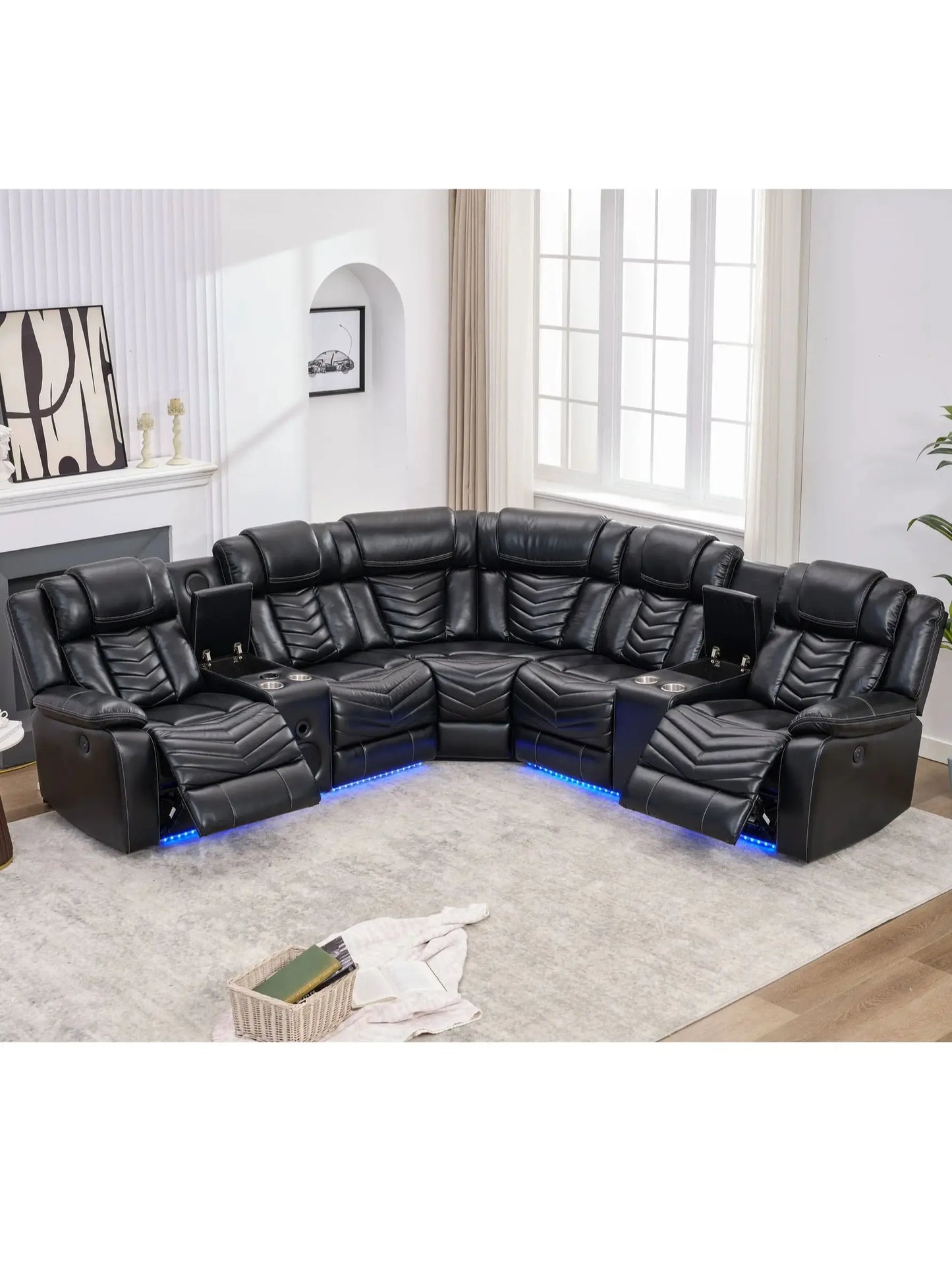 Electric Power Recliner Sectional Sofa With Bass Speakers & LED Lights