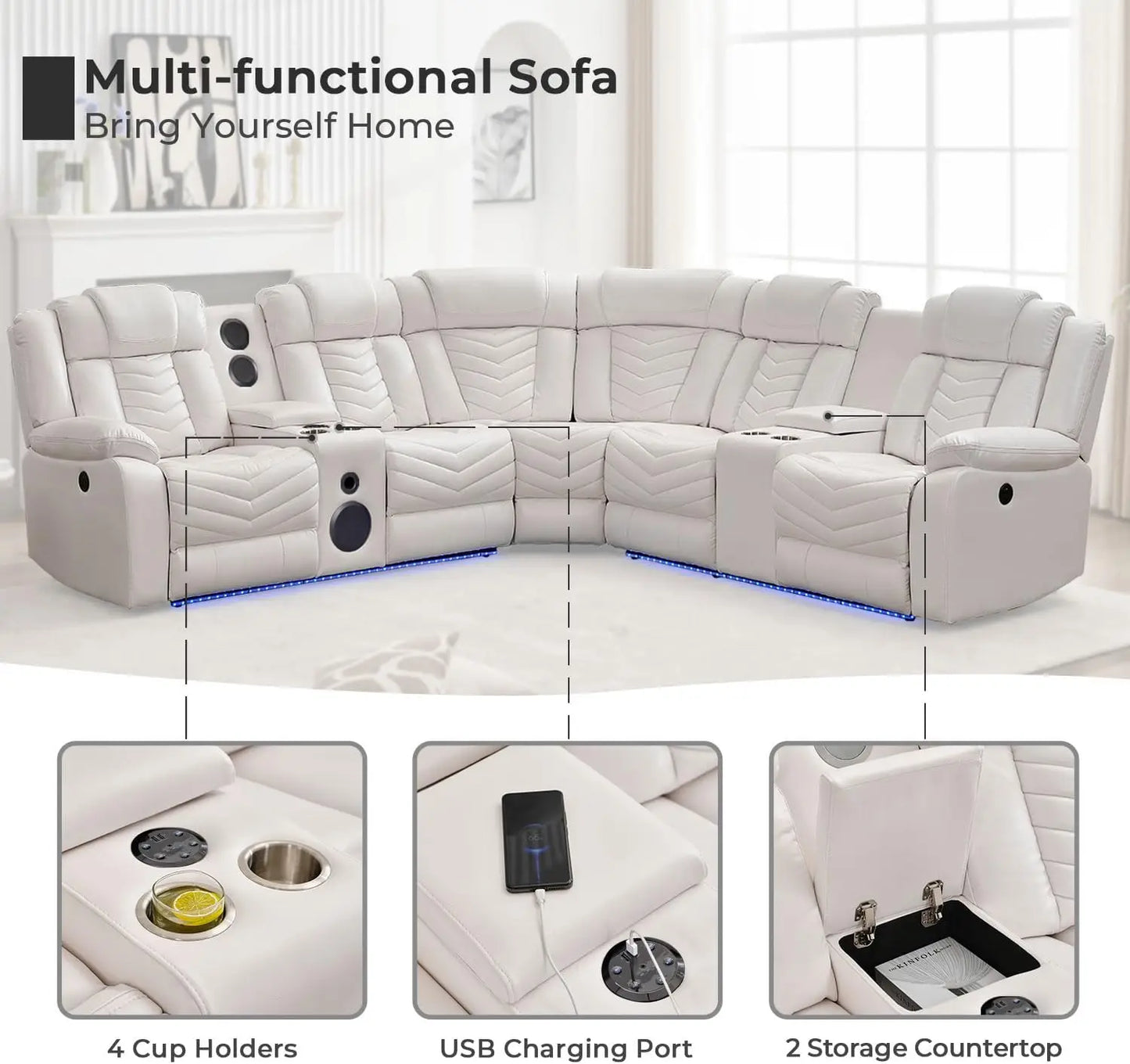 Electric Power Recliner Sectional Sofa With Bass Speakers & LED Lights