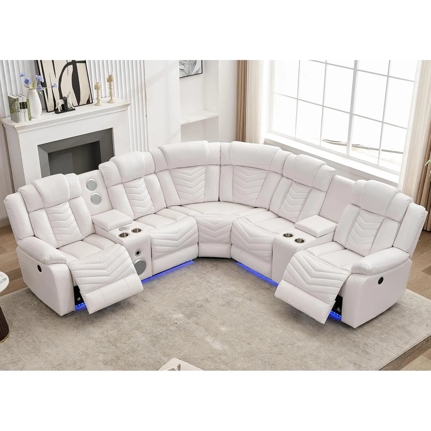 Electric Power Recliner Sectional Sofa With Bass Speakers & LED Lights
