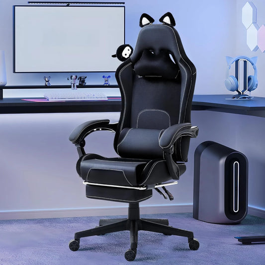 Gaming Chair Cute with Cat Ears and Massage Lumbar Support