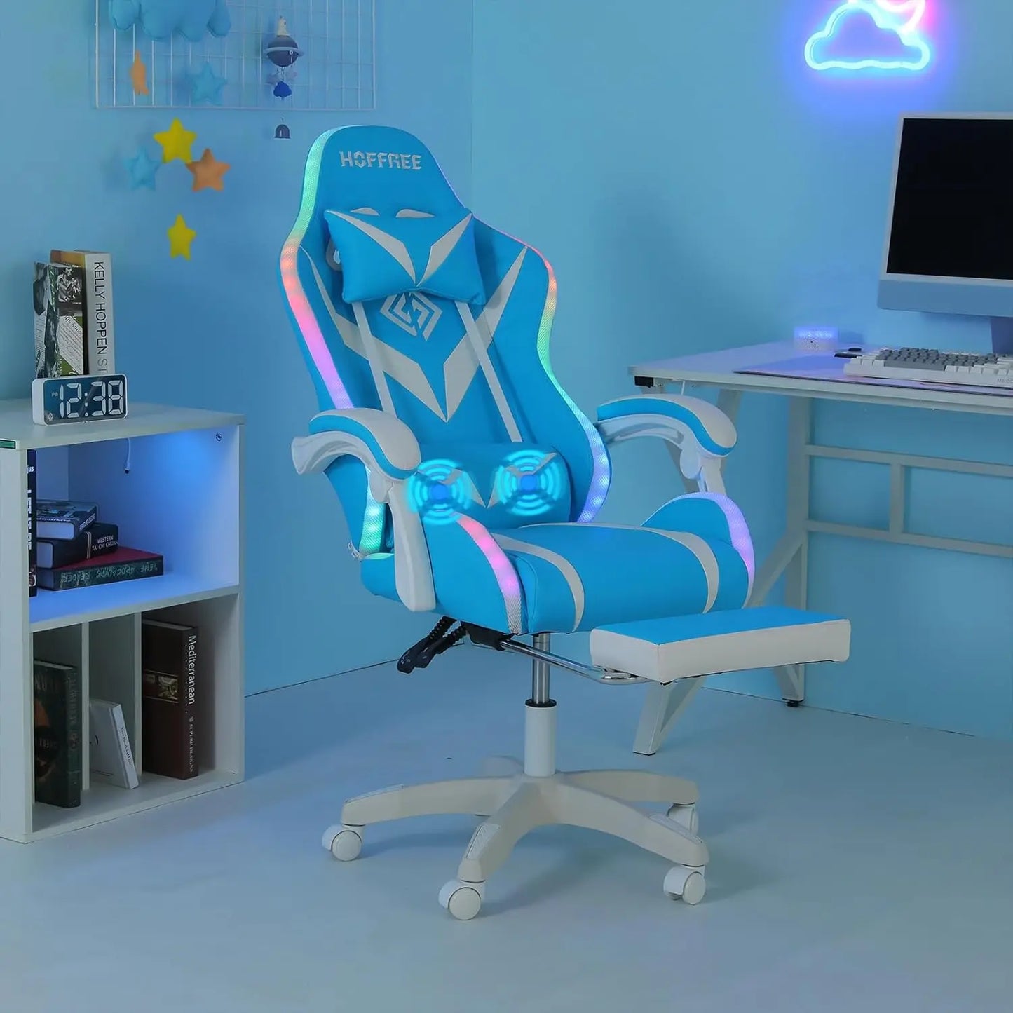 Gaming Chair with Massage and LED Lights