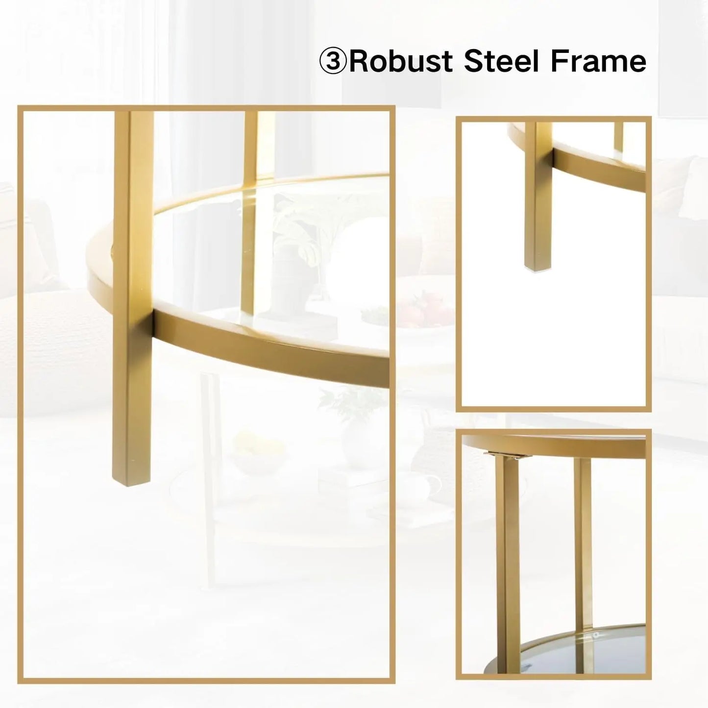 Small Round Coffee Table with Faux Marble Top and Glass Storage Shelf