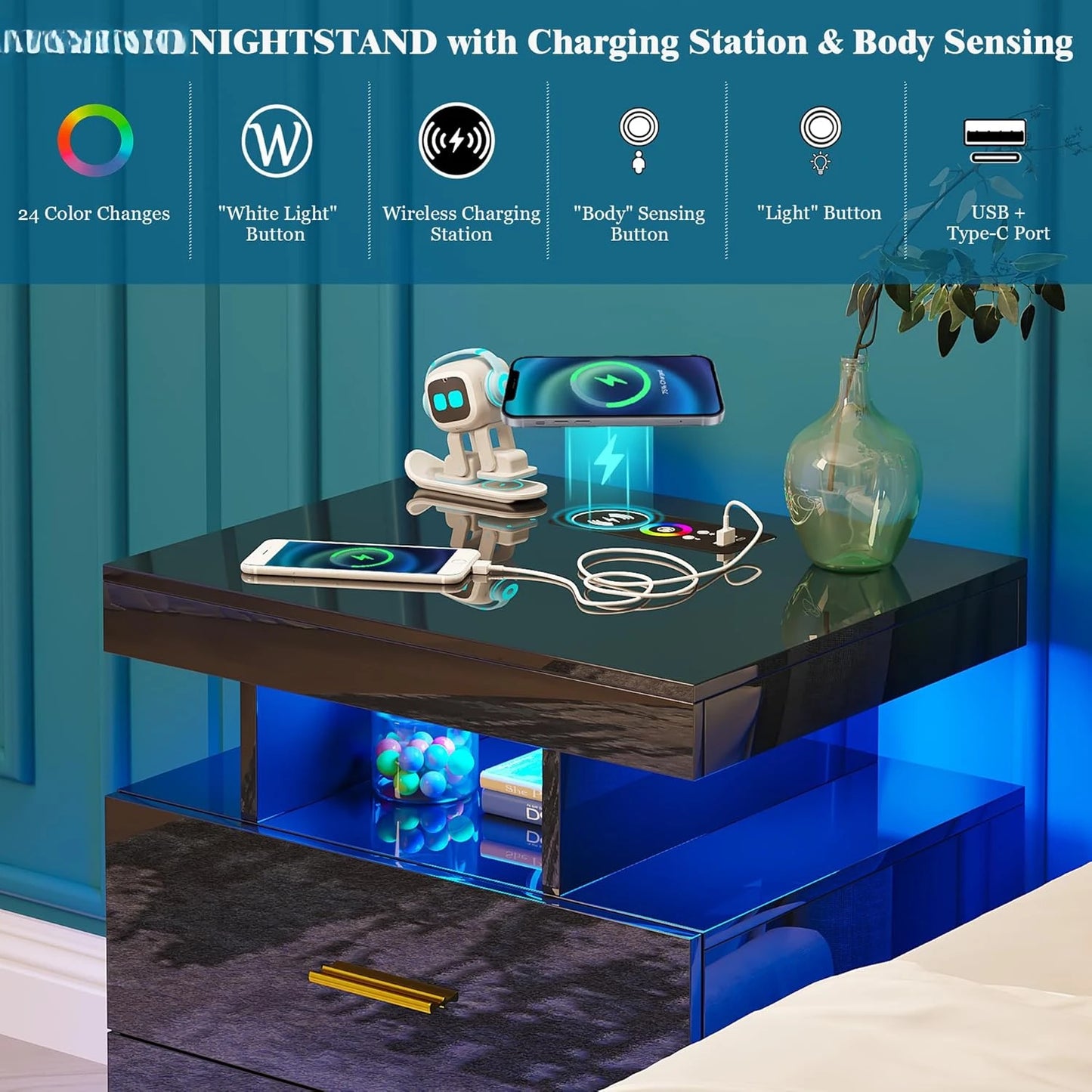 Nightstand with RGB Auto LED Lights