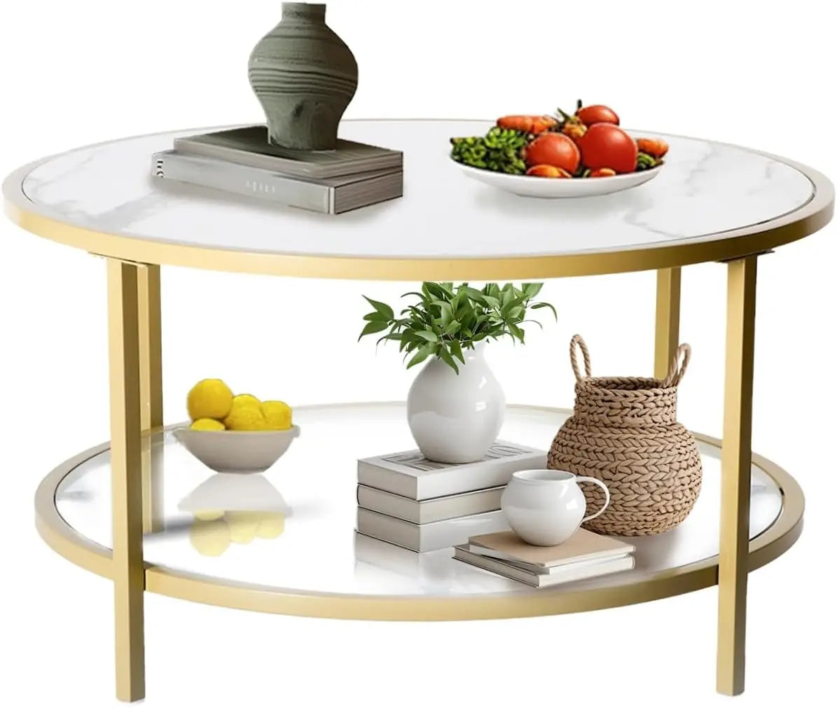 Small Round Coffee Table with Faux Marble Top and Glass Storage Shelf