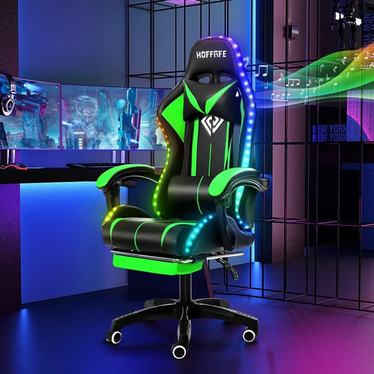 Massage Computer Gaming Chair with LED Lights and Footrest