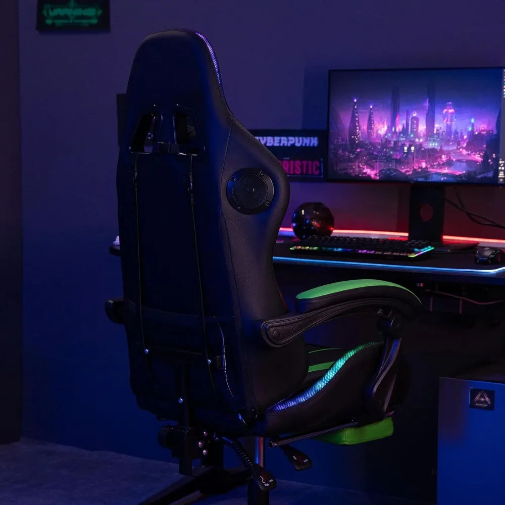 Massage Computer Gaming Chair with LED Lights and Footrest