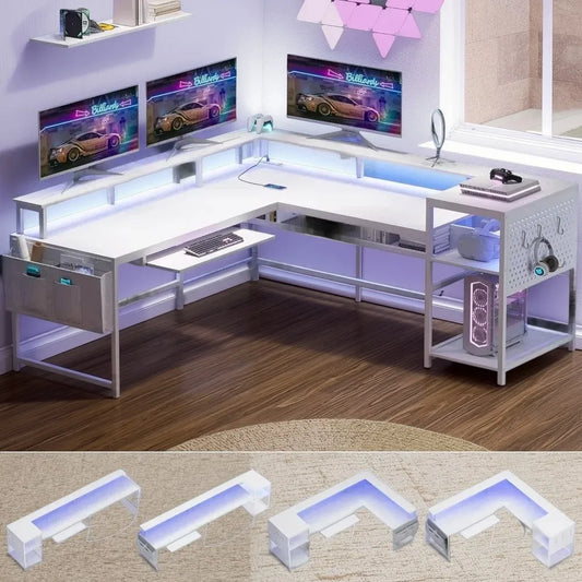 Gaming Desk with Power Outlets & LED Strip